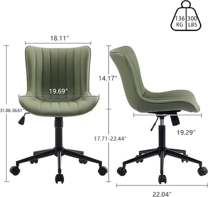 YOUNIKE Olive Green Office Desk Chair with Wheels Armless Compact Comfy Vanity Chair with Adjustable Back Modern Small Faux Leather Upholstered Swivel Cute Rolling Computer Task Chair No Arms