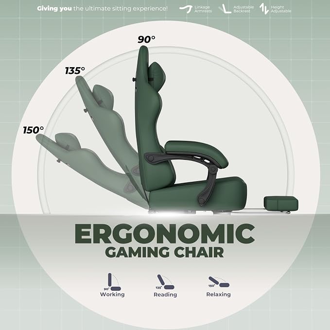 GTPLAYER Big and Tall Gaming Chair 400lbs Heavy Duty Office Chair with Footrest, High Back Pocket Spring Ergonomic Computer Chair for Adults, Wide Seated Cushion with Linkage Armrests, Leather Green