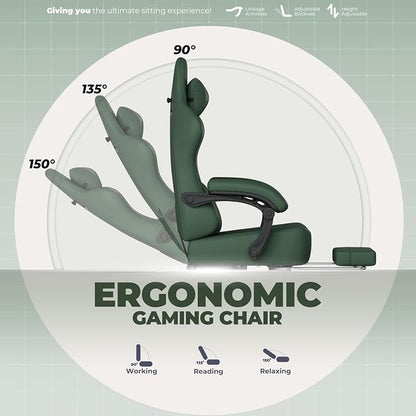 GTPLAYER Big and Tall Gaming Chair 400lbs Heavy Duty Office Chair with Footrest, High Back Pocket Spring Ergonomic Computer Chair for Adults, Wide Seated Cushion with Linkage Armrests, Leather Green
