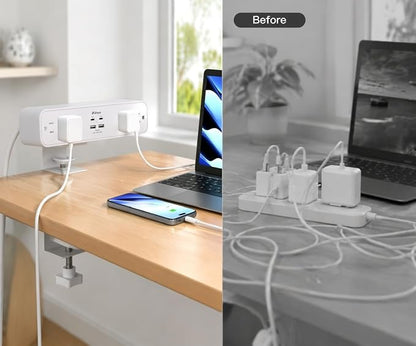 65W USB C Desk Clamp Power Strip, 8-in-1 Desktop Mount Surge Protector with 4 AC Outlets 2 USB-C & 2 USB-A Ports, PD 65W Fast Charging Station, 5Ft Extension Cord, Desk Edge Mount for Home Office