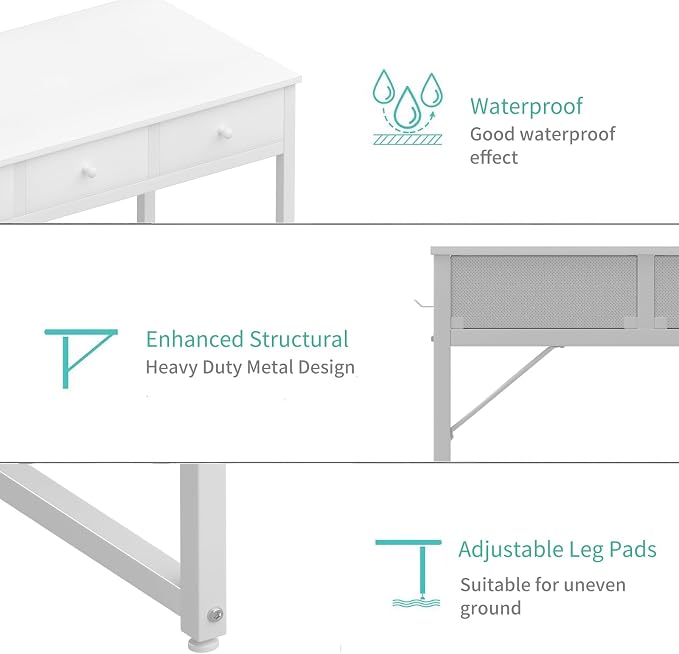 Lufeiya Small White Computer Desk with Drawers for Home Office Bedroom, 40 Inch Vanity Desk with Fabric Drawer Storage and Side Pouch, Study Writing Table, White