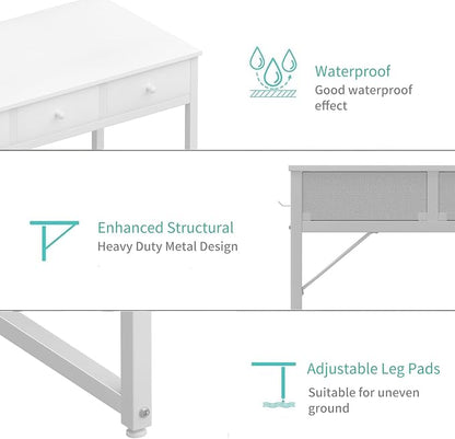 Lufeiya Small White Computer Desk with Drawers for Home Office Bedroom, 40 Inch Vanity Desk with Fabric Drawer Storage and Side Pouch, Study Writing Table, White