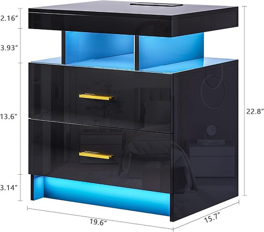 HNEBC Auto LED Nightstands Set of 2,Modern Bedside Table with USB Ports & Wireless Charging Station,High Gloss Bedside Tables with 2 Drawers,Nightstands for Bedrooms/Living Room/Office (Black)