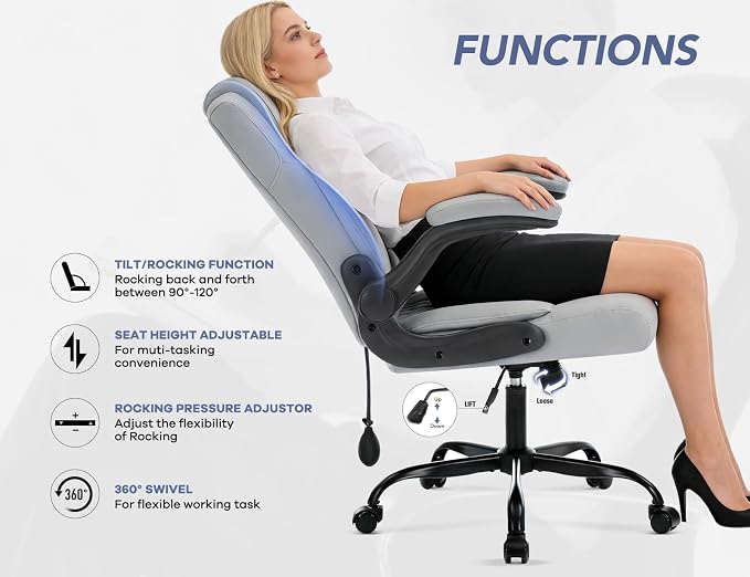 Office Chair with Adjustable Inflatable Lumbar Support,Leather Ergonomic Computer Desk Chair with Flip-up Arms,Adjustable Tilt Lock,Swivel Rolling Executive PC Chair for Work,Study,Meeting.Grey