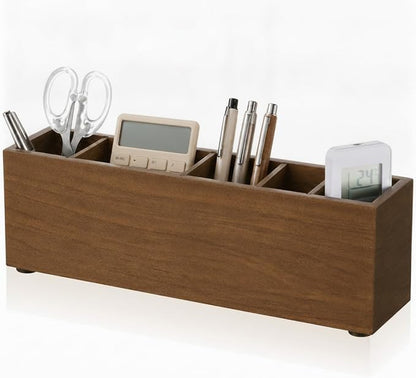 Jetec Wooden Pencil Pen Holder for Desk 6 Compartments Cosmetic Makeup Brush Stationery Office Desktop Organizers for Countertop Adjustable Silverware Caddy for Party, Home, Art Supplies(Walnut)