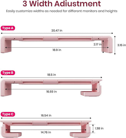 Pink Monitor Stand Riser, Klearlook Foldable, Height Adjustable Computer Stand, Desk Shelf Riser with Storage Drawer &Tablet Phone Stand for Desktop, Laptop