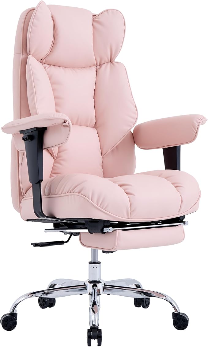 Efomao Executive Office Chair 400lbs,Pink Big and Tall Desk Chair | Mattress-grade pocket spring cushion, sleek leather, 135° recline & footrest for computer gaming setup.