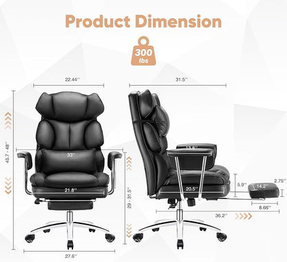 Sweetcrispy Home Office Desk Chair, Executive Ergonomic Big Tall High Back with Footrest & Lumbar Support, Reclining Height Adjustable, Comfy PU Leather Computer Gaming with Swivel Wheels, Black