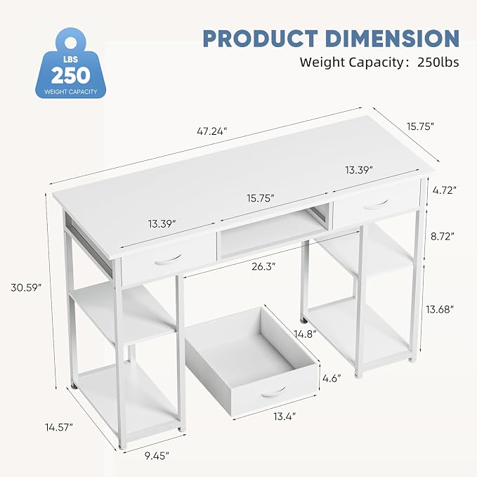 Sweetcrispy Computer Gaming Desk with Fabric Drawers - 48 Inch Home Office Bedroom Writing StudyTable with Storage Shelves Adjustable Feet PC Desk, White