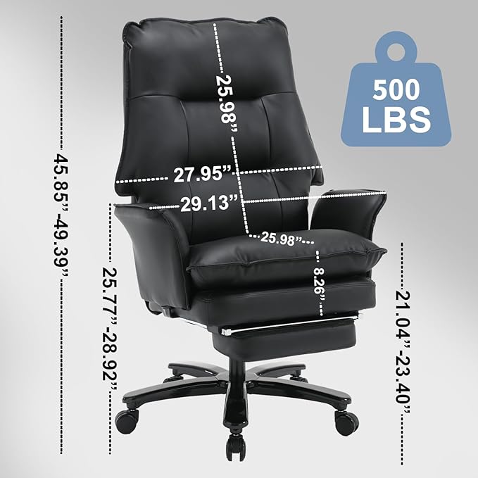 Big and Tall Office Chair with Footrest, 500Lbs Heavy Duty Executive Office Chair with Wide Seat,Ergonomic High Back Computer Chairs for Heavy People,Home Office Desk Chair,Black