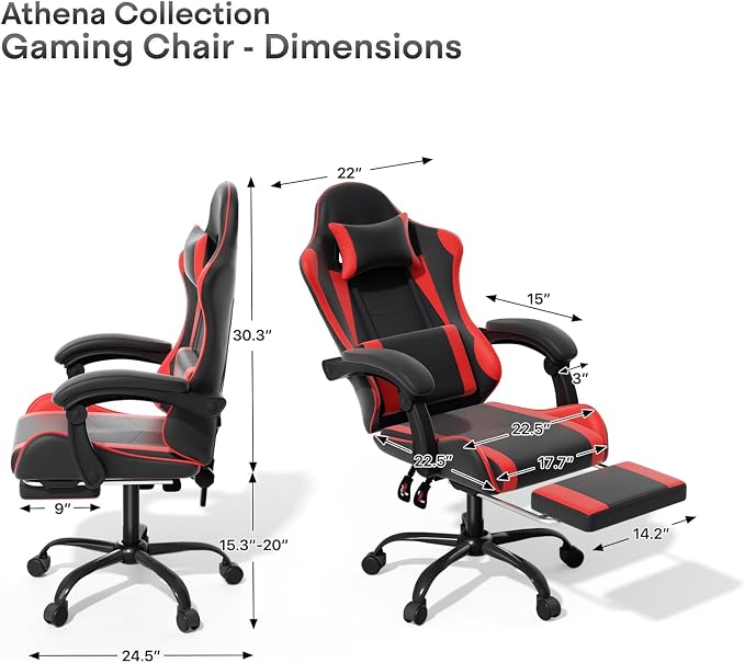 Athena Collection Ergonomic Gaming Chair with Footrest & Headrest Lumbar Support, Height Adjustable Swivel Office Chair Reclining Game Chair Leather High Back Computer Chair for Adults, Red