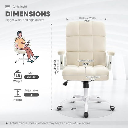 SEATZONE Home Office Chair–Beige Velvet Desk Chair with Wheels, Comfortable Computer Work Chair with Flip-up Arms and Adjustable Tilt