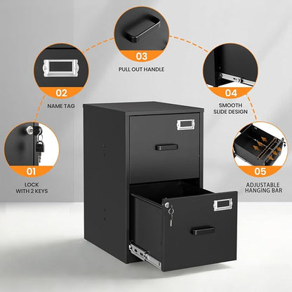 2 Drawer File Cabinet with Lock, Metal Filing Cabinets for Home Office, Vertical Small Caninet for Home Office, Black Steel Narrow Two Drawer File Cabnet for Letter/File Box- Assembly Required
