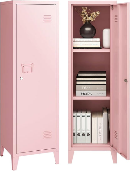 Locker Cabinet, 50" Pink Small Metal Locker Storage Cabinet for Employees with Locking Door and 2 Shelves Kids Locker Tool File Cabinets for Bedroom, Home Office, Garage, Bathroom