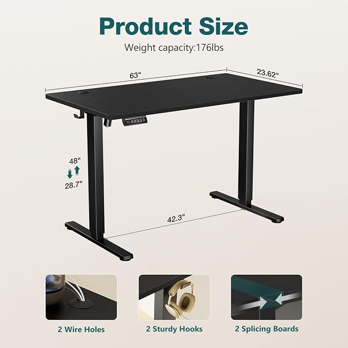 Sweetcrispy Electric Standing Desk Adjustable Height, 63x24 Inch Sit Stand Up Home Office Desks Memory Computer Workstation PC Work Table with Preset Splice Wood Board Metal Frame, Black