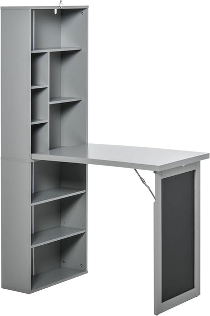 Folding Wall Mounted Desk with Storage, Expandable Hidden Computer Desk, Foldable Space-Saving Pull Out Murphy Table, Writing Table with Blackboard for Home Office Bedroom Small Spaces (Charcoal grey)