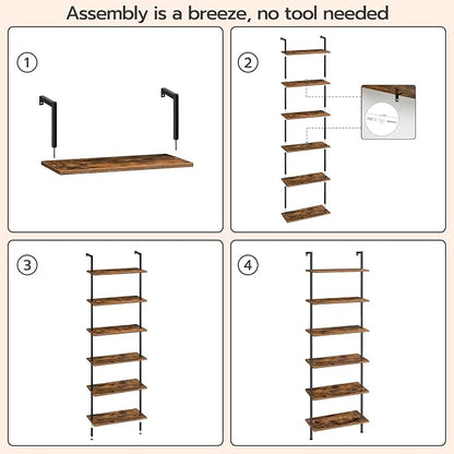HOOBRO DIY Ladder Shelf, 6-Tier Wall Mounted Bookshelf, Office Vertical Bookcase, Wooden Storage Shelves for Home Office, Bedroom, Rustic Brown and Black BF65CJ01
