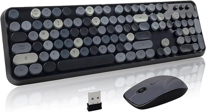 Wireless Keyboard and Mouse Combo, Retro Typewriter Style Round Key Keyboard, 2.4GHz Wireless Full Size Keyboard with Number Pad for Long Nails PC Laptop Desktop- Black Grey
