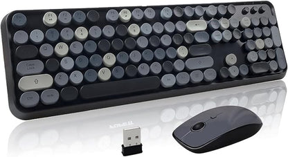 Wireless Keyboard and Mouse Combo, Retro Typewriter Style Round Key Keyboard, 2.4GHz Wireless Full Size Keyboard with Number Pad for Long Nails PC Laptop Desktop- Black Grey
