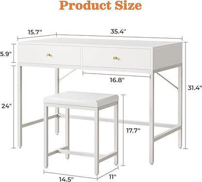 SUPERJARE 35.4" White Desk with 2 Drawers, Modern Makeup Vanity with Padded Stool, Small Computer Desk Home Office Desk for Writing Study Bedroom