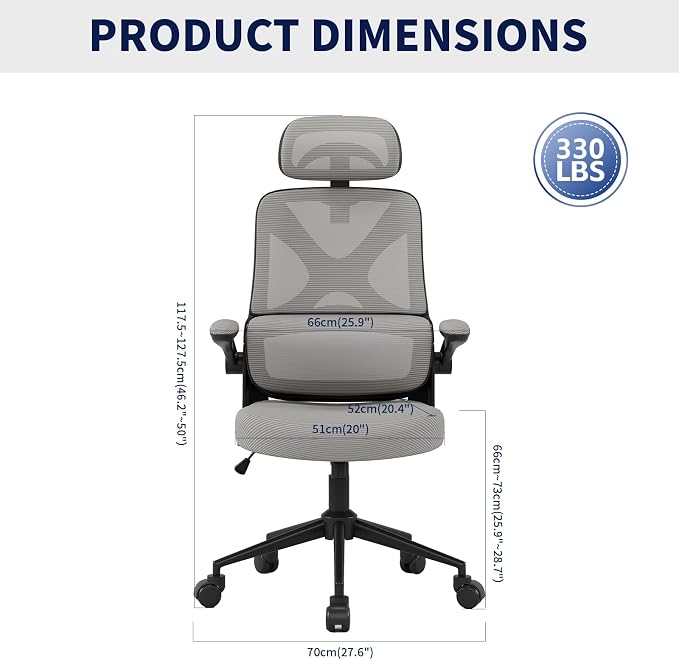 Ergonomic Office Chair - Desk Chair with Adjustable Headrest Lumbar Support Computer Chair - Mesh Comfy Chair with Flip-up Armrests - Gaming Chairs for Adults Home Office 330 LBS (Black+Gray)