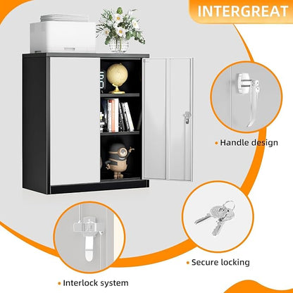 INTERGREAT Metal Garage Storage Cabinet, 36" Lockable Storage Cabinet with 2 Doors and 2 Adjustable Shelves, Steel Grey White File Cabinet Great for Home Office, Garage, Warehouse, Study Room