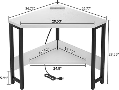 Armocity Corner Desk Small Desk with Outlets Corner Table for Small Space, Computer Desk with USB Ports Triangle Desk with Storage for Home Office, Workstation, Living Room, Bedroom, White