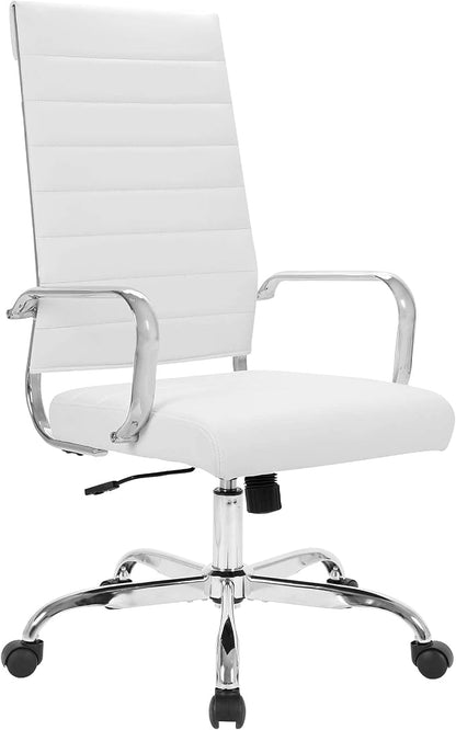 LANDSUN Home Office Chair Ribbed Leather High Back Executive Swivel Computer Desk Chairs with Wheels and Armrests Soft Padded Adjustable Height Modern Conference Chrome White