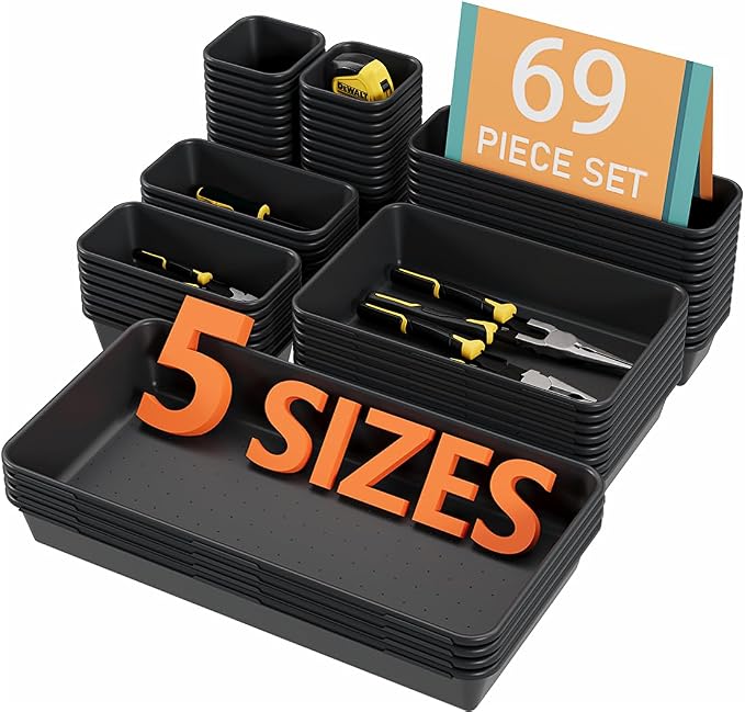 Kutesna 69PCS Large Plastic Drawer Organizer, 5 Sizes Versatile Desk Drawer Organizer Trays, Drawer Dividers, Organization and Storage Bins for Tools,Office,Jewelries,Kitchen Utensils and Makeup