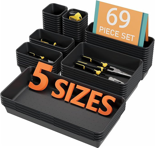 Kutesna 69PCS Large Plastic Drawer Organizer, 5 Sizes Versatile Desk Drawer Organizer Trays, Drawer Dividers, Organization and Storage Bins for Tools,Office,Jewelries,Kitchen Utensils and Makeup