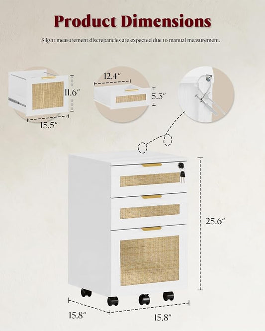 HOPUBUY 3 Drawer File Cabinet with Lock, Small Rattan Filing Cabinets with Wheels, Wood Rolling Office Storage for Under Desk Home Office,White