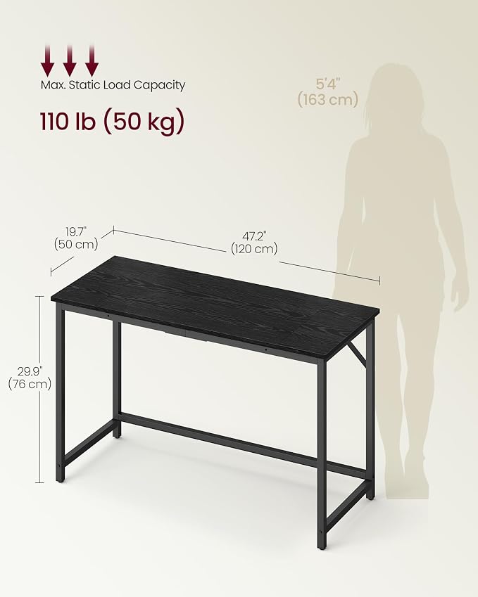 VASAGLE Computer Desk, Office Work Desk, 47.2 x 19.7 x 29.9 Inches, for Study, Bedroom, Home Office, Living Room, Ebony Black and Ink Black ULWD212B101
