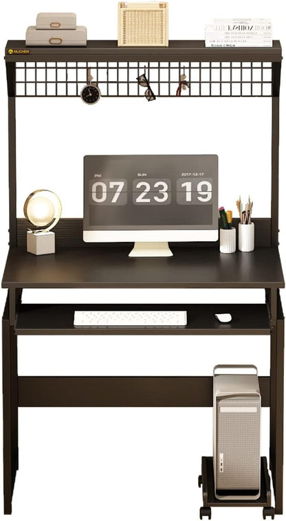 Computer Desk with Hutch and Storage Shelves，31.5 Inch Desk with Keyboard Tray and Metal Mesh Panel, Small Study Writing Workstation Bookshelf for Home Office, Brown
