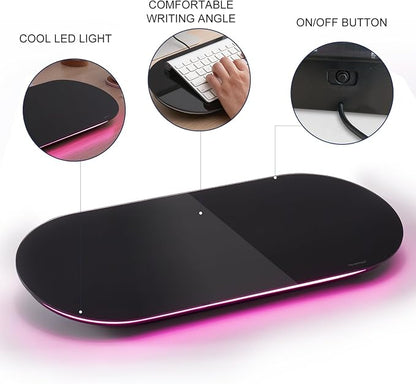TSJ OFFICE Glass Desktop Whiteboard - 17 X 7 Inches Small Dry Erase Board with Pink Light, Black Glass White Board Surface Notepad with 1 Drawer, Desk Organizers for Office, Home, School Supplies