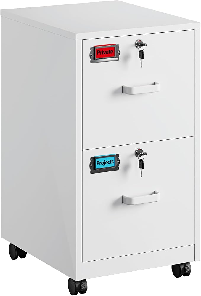 PEUKC 2 Drawers Mobile File Cabinet with Lock, Under Desk Rolling File Cabinet for Home Office, Organizes Letter Legal A4 Files, White(Assembly Required)