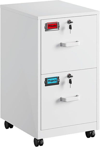 PEUKC 2 Drawers Mobile File Cabinet with Lock, Under Desk Rolling File Cabinet for Home Office, Organizes Letter Legal A4 Files, White(Assembly Required)