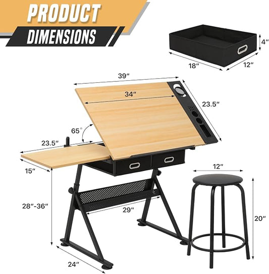 Drafting Table with Height Adjustable Wood Top, Drawing Table with Storage Drawers, Extendable Design, Art Desk Ideal for Drawing, Painting, Writing, Home Office, Natural