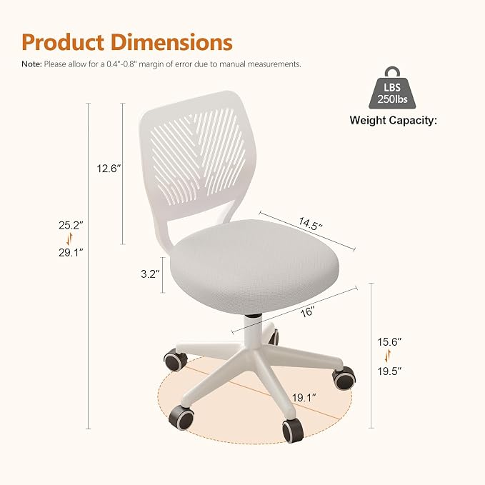 JPBSTO Armless Desk Chair, Height Adjustable Swivel Office Rolling Task Chairs with Soft Mesh Padded Cushion, Ergonomic Small Study Computer Chair for Girls Boys Teens (White, 2PCS)