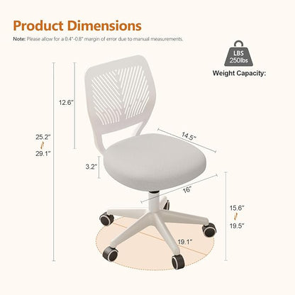 JPBSTO Armless Desk Chair, Height Adjustable Swivel Office Rolling Task Chairs with Soft Mesh Padded Cushion, Ergonomic Small Study Computer Chair for Girls Boys Teens (White, 2PCS)