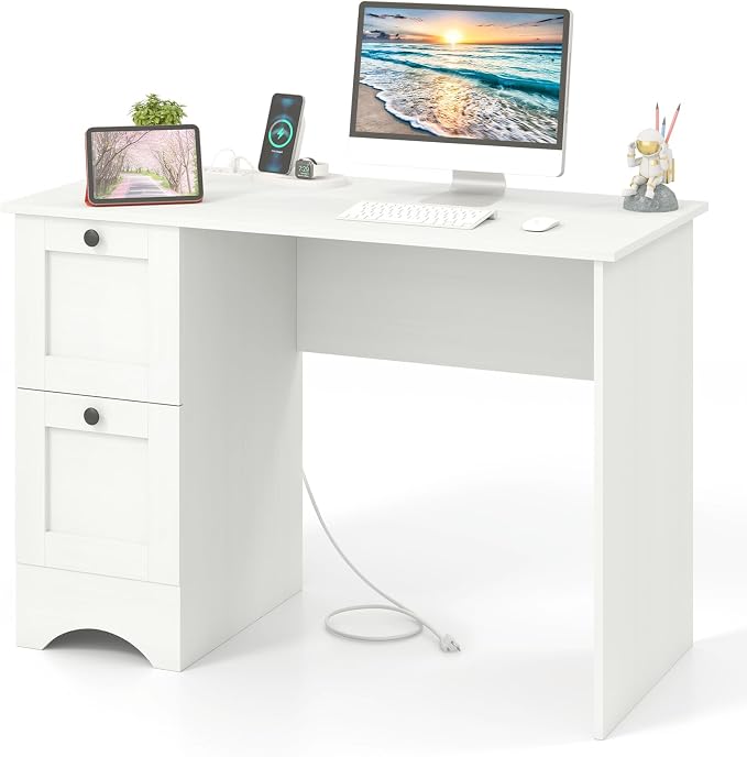 Giantex Computer Desk with 2 Drawers, 43” Wooden Home Office Desk with Charging Station, Compact Study Writing Desk, Modern Laptop PC Desk Computer Workstation for Bedroom, Living Room (White)