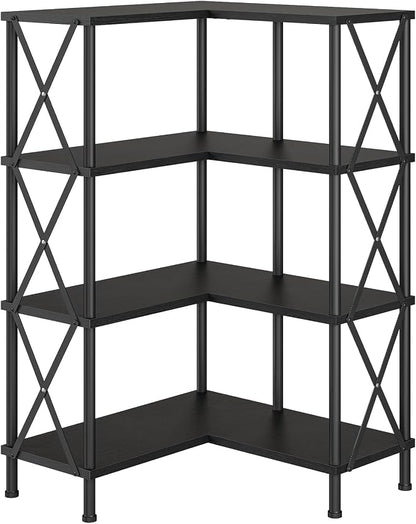 HOOBRO Corner Bookshelf, 4-Tier L-Shaped Bookcase, Industrial Open Display Shelf Tall Storage Organizer, Vertical Storage Rack, for Living Room, Home Office, Black BB59SJ01