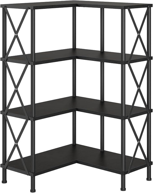 HOOBRO Corner Bookshelf, 4-Tier L-Shaped Bookcase, Industrial Open Display Shelf Tall Storage Organizer, Vertical Storage Rack, for Living Room, Home Office, Black BB59SJ01