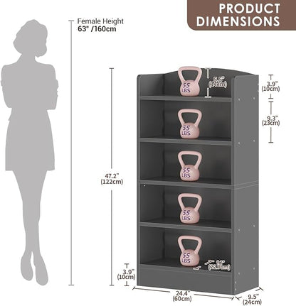 ALISENED 5-Tier Bookcase, Open Bookshelves and Bookcases with Storage Shelves, Floor Standing Unit, Display Storage Shelves for Bedroom Library Living Room Home Office, Dark Gray