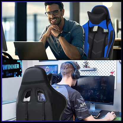 BestOffice | Ergonomic Gaming Chair | Blue | Reclining Computer Chair with Lumbar Support, Headrest Pillow, Adjustable Footrests | 360 Swivel with Heavy Duty Wheels | for Home & Office