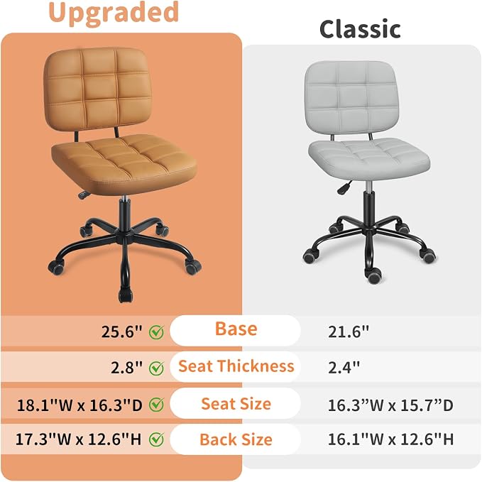 Armless Home Office Desk Chair - Small Swivel Office Desk Chairs with Rolling Wheels - Height Adjustable PU Leather Computer Chair with Comfy Low Back - For Small Space, Bedroom, Home, Vanity- Brown