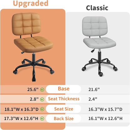 Armless Home Office Desk Chair - Small Swivel Office Desk Chairs with Rolling Wheels - Height Adjustable PU Leather Computer Chair with Comfy Low Back - For Small Space, Bedroom, Home, Vanity- Brown