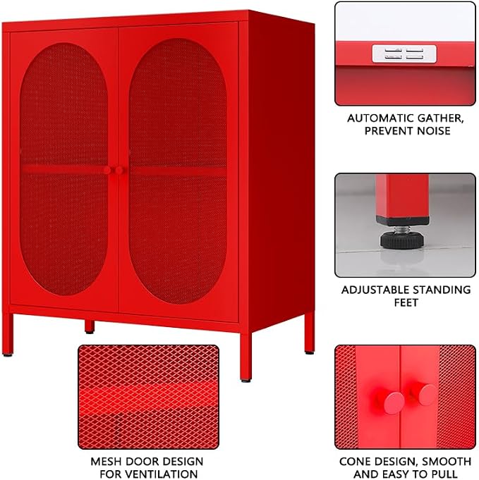 Small 2 Mesh Door Metal Storage Cabinet for Pantry,Office Room,Kitchen,Bathroom,Living Room, Hallway-Locker Cabinet with 1 Adjustable Shelf(mesh Door,red)