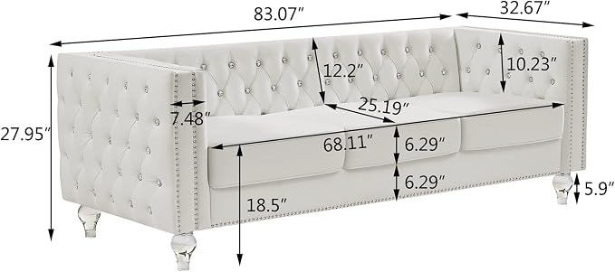 Mikibama Velvet 3 Seater Sofa Couch with Buttons and Square Arms 83.07 Inch Tufted 3-seat Sofas with Trimmed Nailhead and Acrylic Legs Modern Couches for Living Room,Bedroom (Beige-crystal Legs, Sofa)
