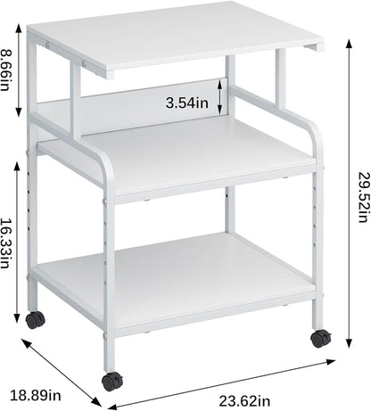 Arbuxzuy Large Printer Stand with Storage Shelf, 23.6" W x 18.9" D Printer Cart with Wheels, 3 Tier Mobile Printer Table for Home Office,Stands for Heat Press Scanner Fax (White)