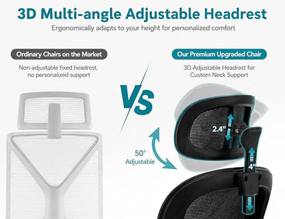 Ergonomic Office Chair with Adjustable Headrest & Lumbar Support, High Back Mesh Desk Chair, 330 LBS Capacity Swivel Computer Chair with Flip-Up Arms, Home Office Gaming Chair(Black)